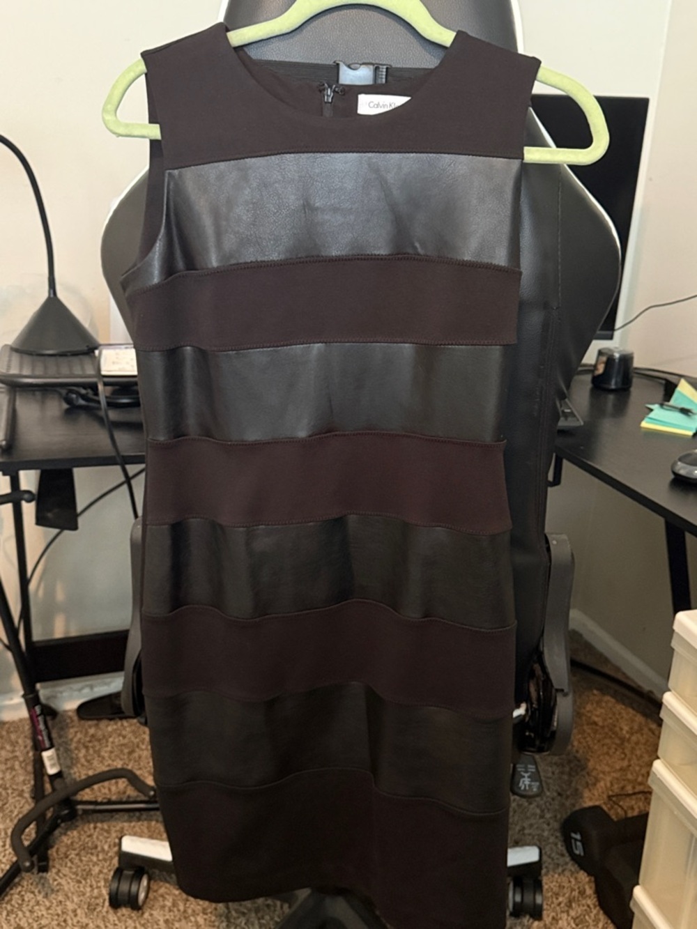 NWT Calvin Klein Black Striped Faux Leather Sheath Dress